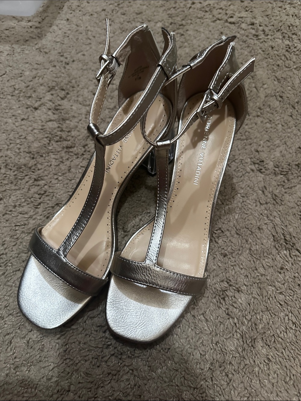 Adrienne Vittadini Silver Metallic T-Strap Heels